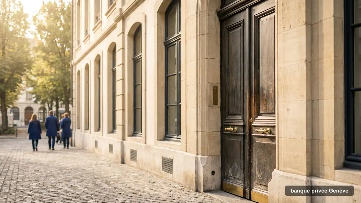 Façade en pierre d'une banque privée genevoise, porte en bois et laiton