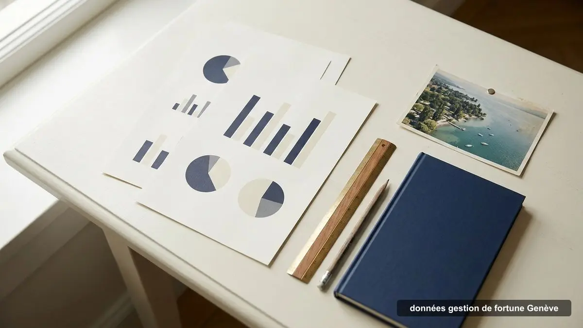 Graphiques imprimés et photo aérienne de Genève : les données de la gestion de fortune genevoise