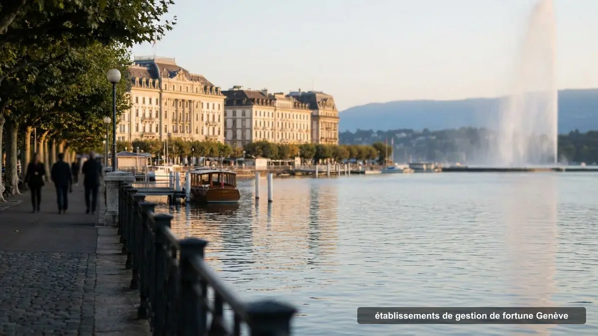 La rade de Genève et le Jet d'eau au coucher du soleil, cœur de la gestion de fortune genevoise