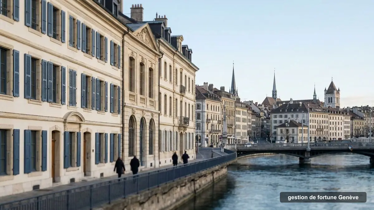Immeubles du XIXe siècle au bord du Rhône à Genève, quartier des établissements de gestion de fortune