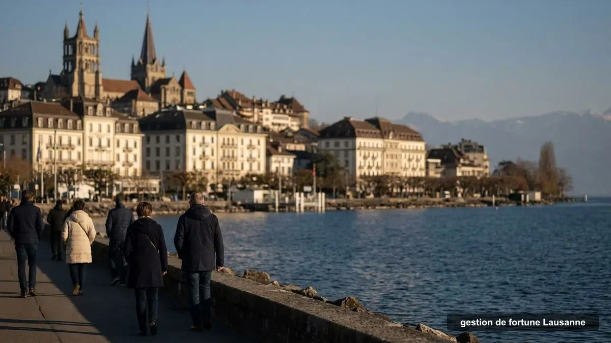 Lausanne depuis Ouchy au coucher du soleil, cathédrale et vieille ville