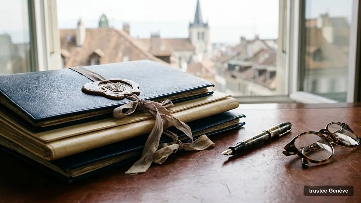 Bureau d'un trustee à Genève : dossiers reliés, sceau et stylo plume